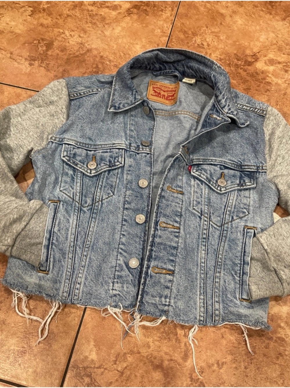 Levi's Blue Denim Jacket with Gray Knit Sleeves - Picture 2 of 5